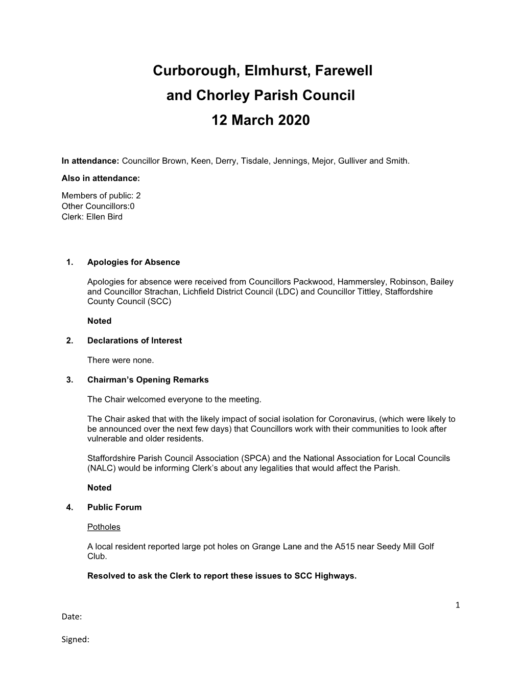 Curborough, Elmhurst, Farewell and Chorley Parish Council 12 March 2020
