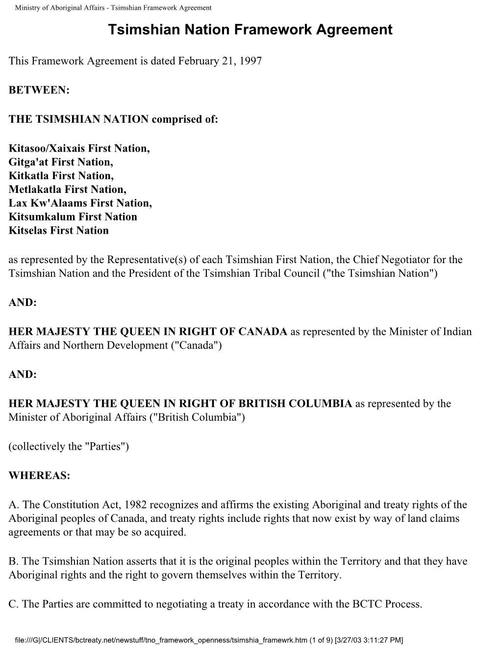 Tsimshian Framework Agreement Tsimshian Nation Framework Agreement