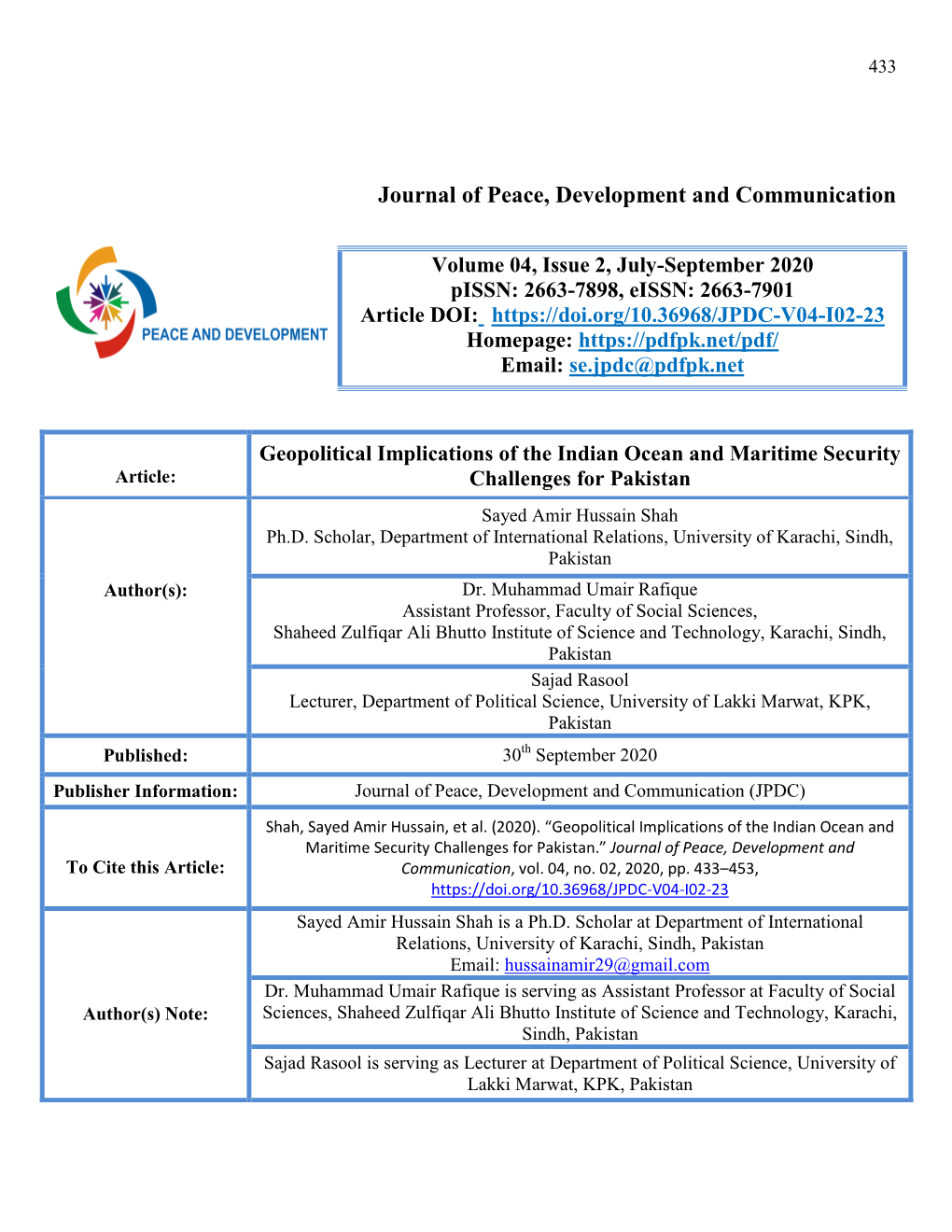 Geopolitical Implications of the Indian Ocean and Maritime Security Article: Challenges for Pakistan Sayed Amir Hussain Shah Ph.D