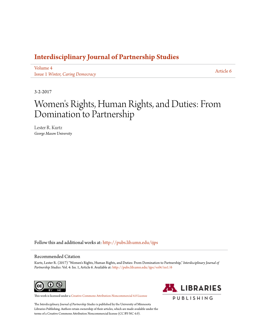 Women's Rights, Human Rights, and Duties: from Domination to Partnership Lester R