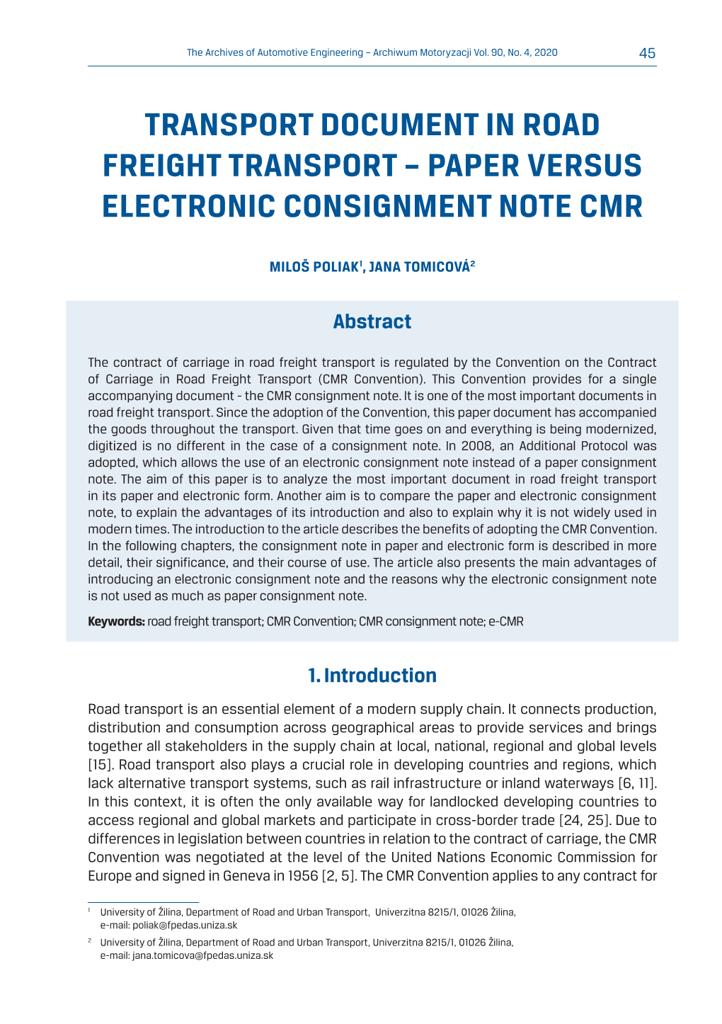 Transport Document in Road Freight Transport – Paper Versus Electronic Consignment Note Cmr