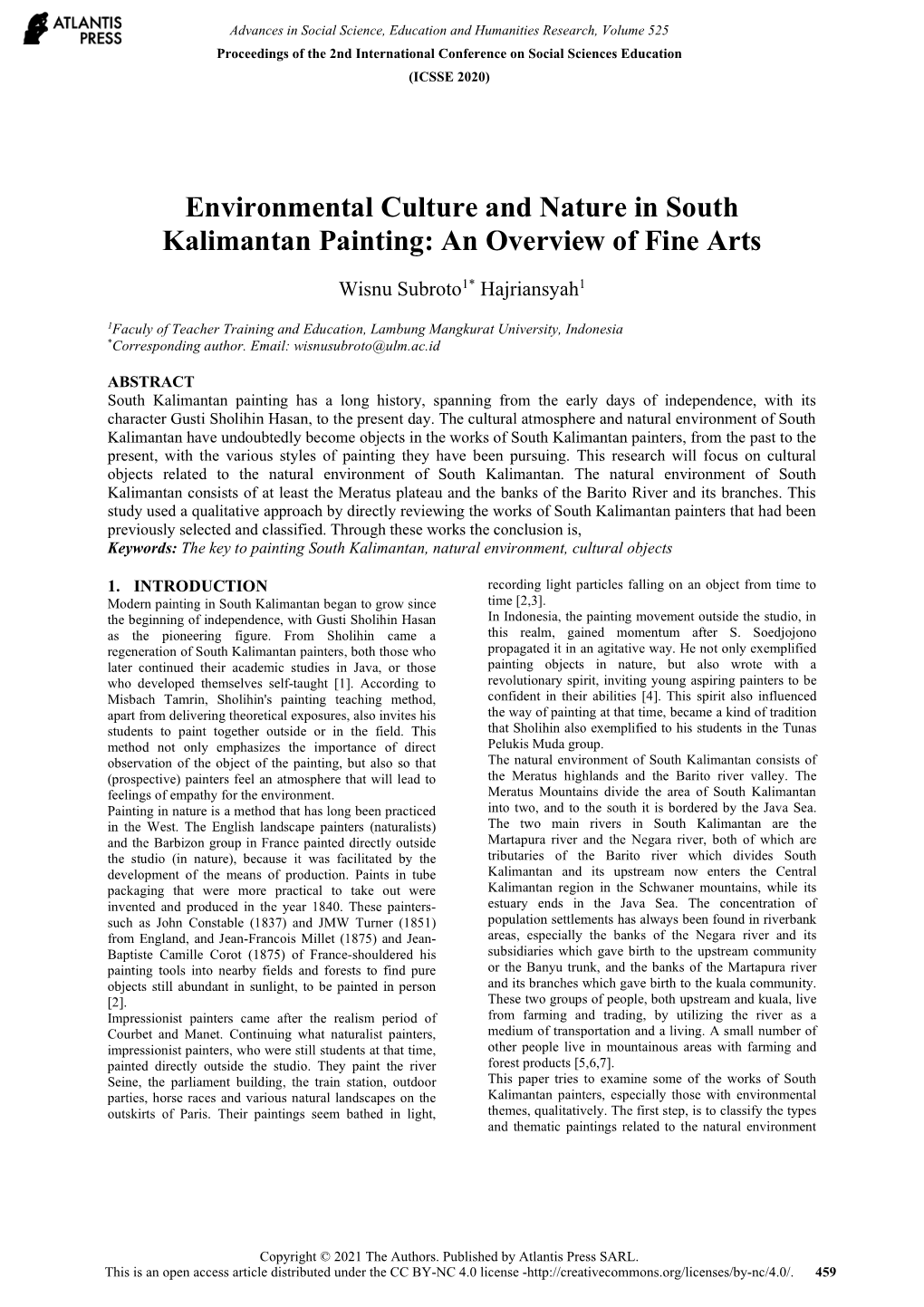 Environmental Culture and Nature in South Kalimantan Painting: an Overview of Fine Arts