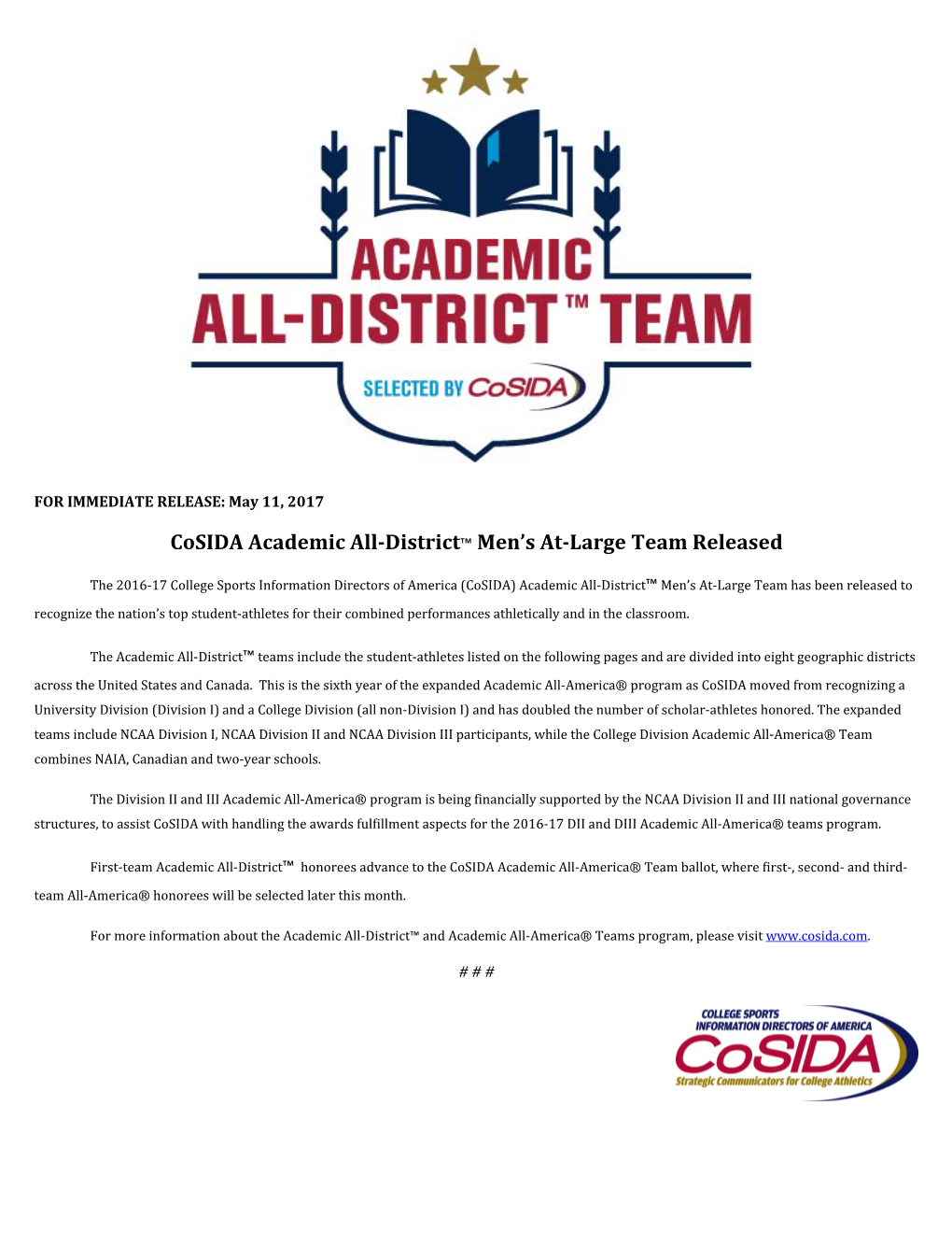 Cosida Academic All-District™ Men's At-Large Team Released