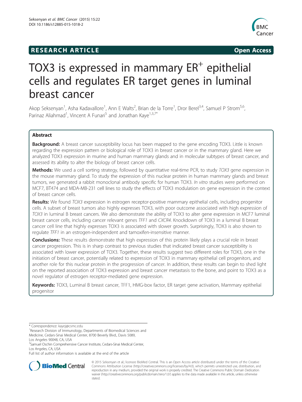 TOX3 Is Expressed in Mammary ER+ Epithelial Cells and Regulates ER