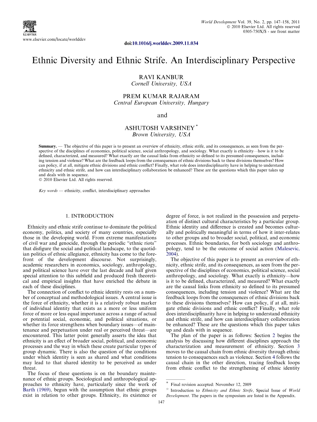 Ethnic Diversity and Ethnic Strife. an Interdisciplinary Perspective