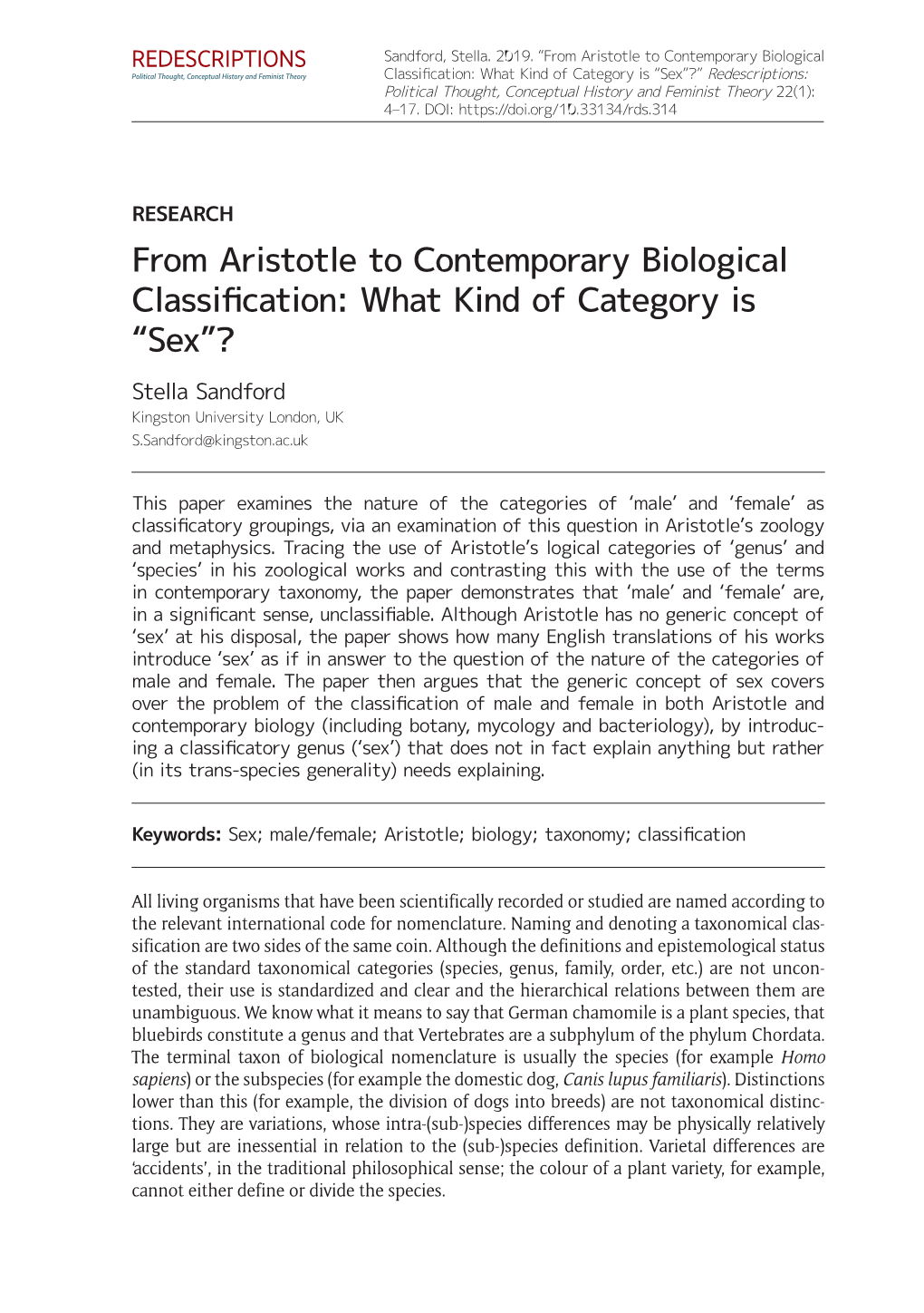 From Aristotle to Contemporary Biological Classification: What Kind of Category Is “Sex”? Stella Sandford Kingston University London, UK S.Sandford@Kingston.Ac.Uk