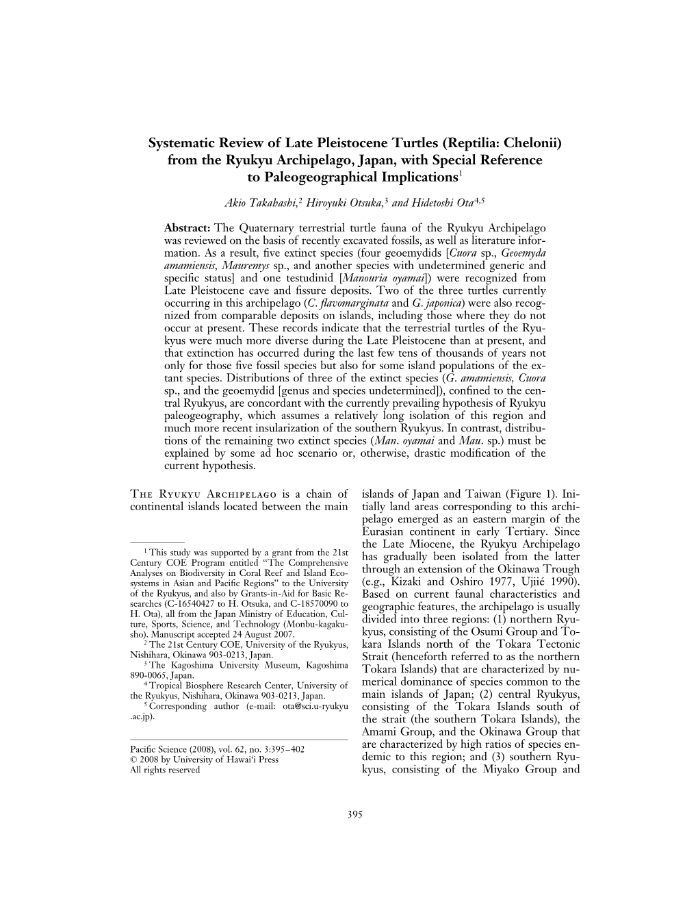 Systematic Review of Late Pleistocene Turtles (Reptilia: Chelonii) from the Ryukyu Archipelago, Japan, with Special Reference to Paleogeographical Implications1