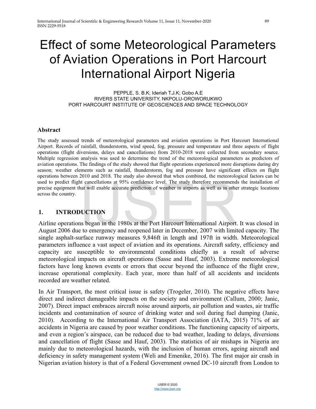 Effect of Some Meteorological Parameters of Aviation Operations in Port Harcourt International Airport Nigeria