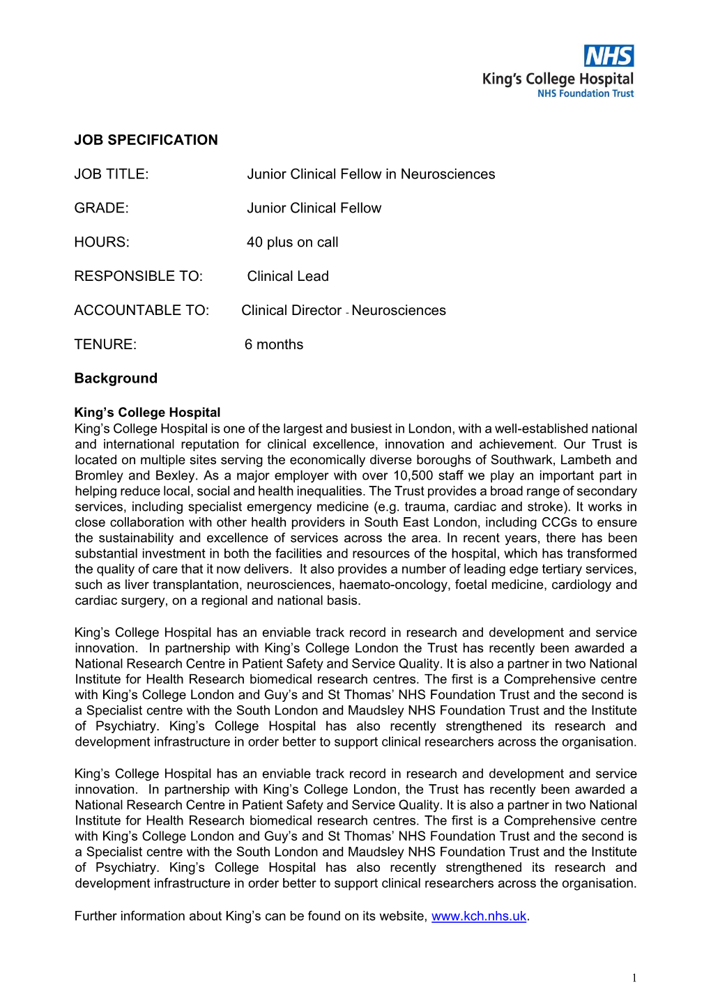 Junior Clinical Fellow in Neurosciences GRADE