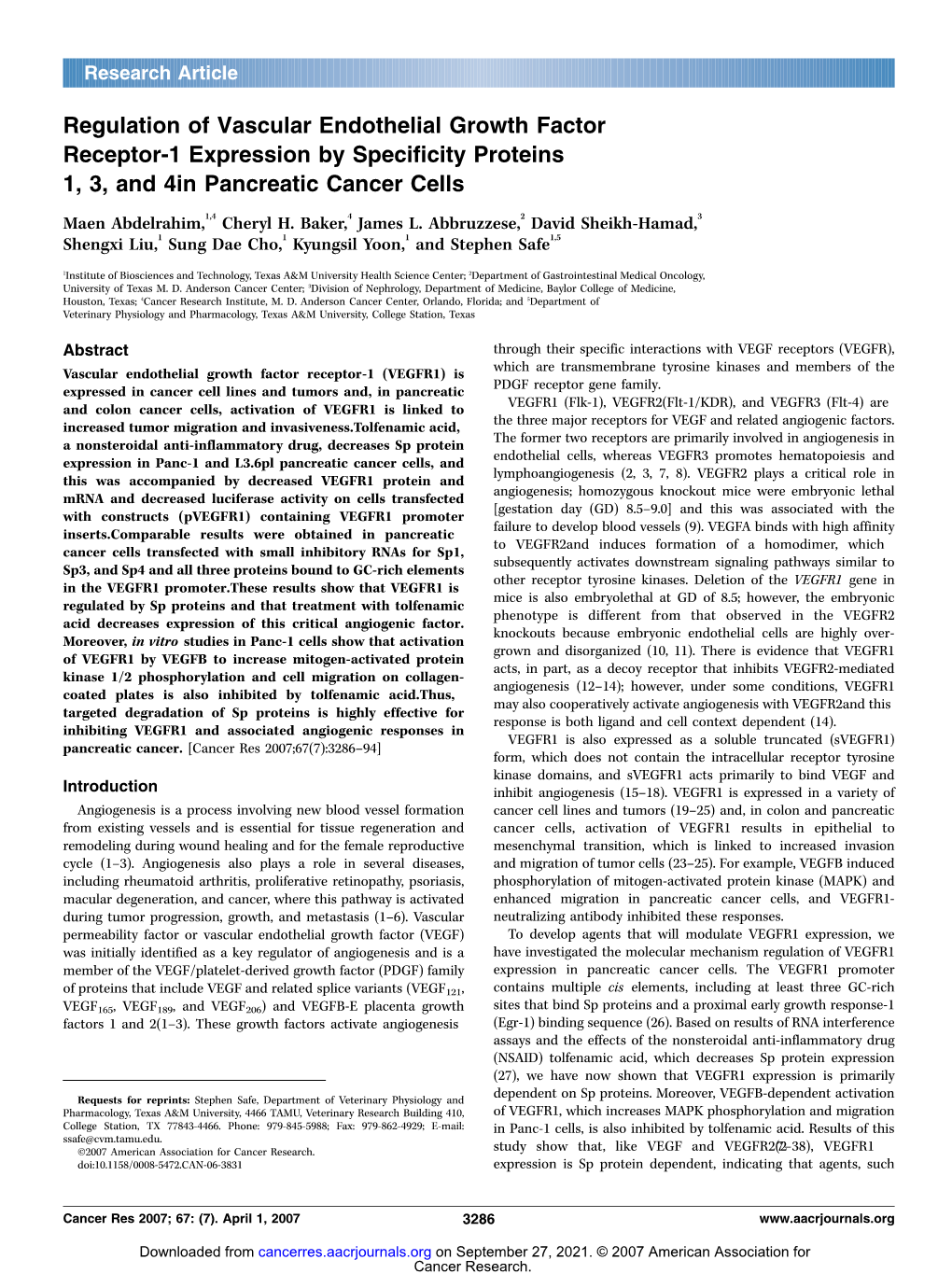 Regulation of Vascular Endothelial Growth Factor Receptor-1 Expression by Specificity Proteins 1, 3, and 4In Pancreatic Cancer Cells