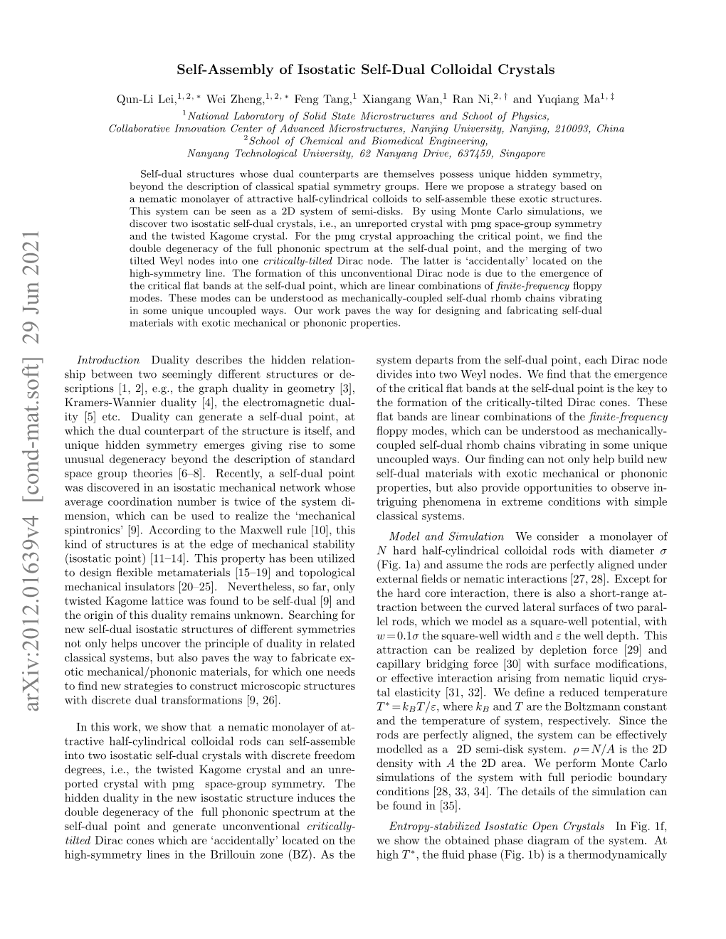 Arxiv:2012.01639V4 [Cond-Mat.Soft] 29 Jun 2021 T =Kbt/Ε, Where Kb and T Are the Boltzmann Constant and the Temperature of System, Respectively