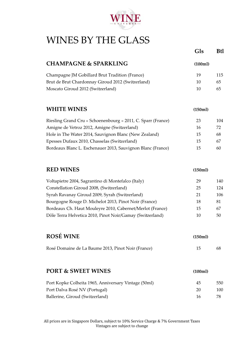 WINES by the GLASS Gls Btl