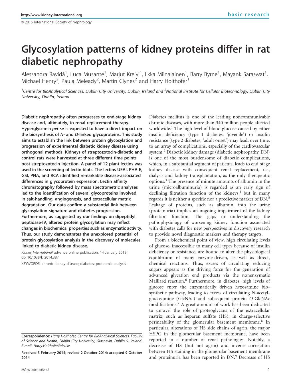 Glycosylation Patterns of Kidney Proteins Differ in Rat Diabetic
