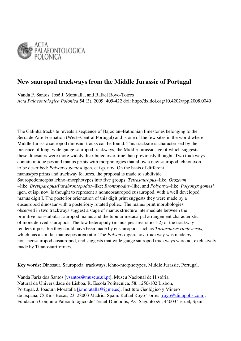 New Sauropod Trackways from the Middle Jurassic of Portugal