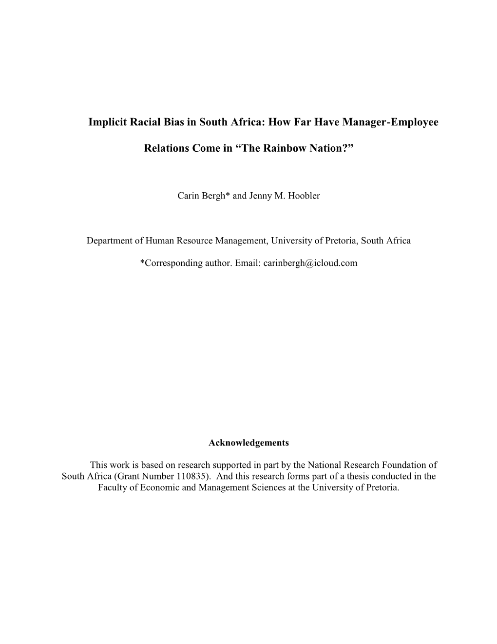 Implicit Racial Bias in South Africa: How Far Have Manager-Employee Relations Come in “The Rainbow Nation?”