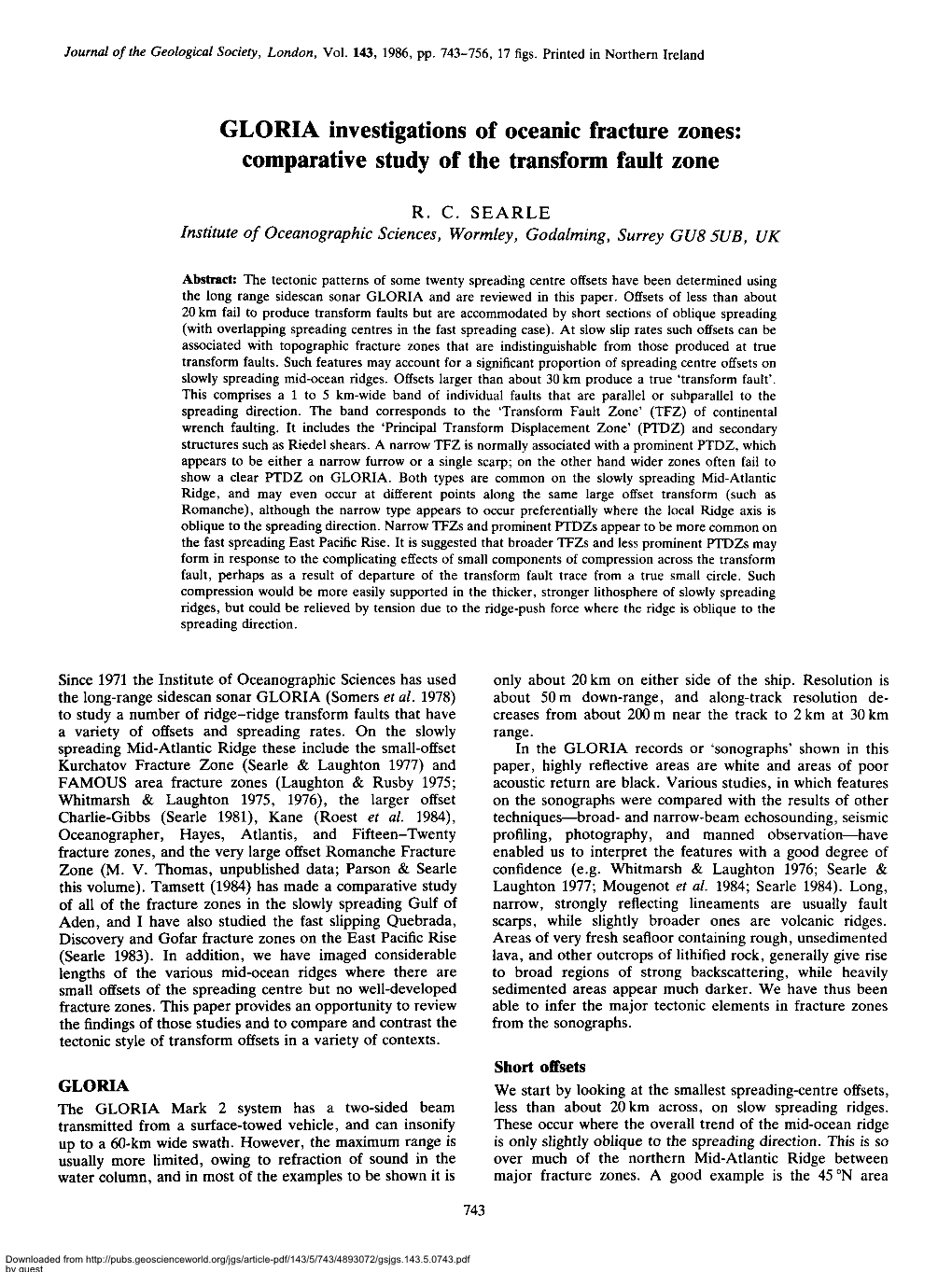 GLORIA Investigations of Oceanic Fracture Zones: Comparative Study of the Transform Fault Zone