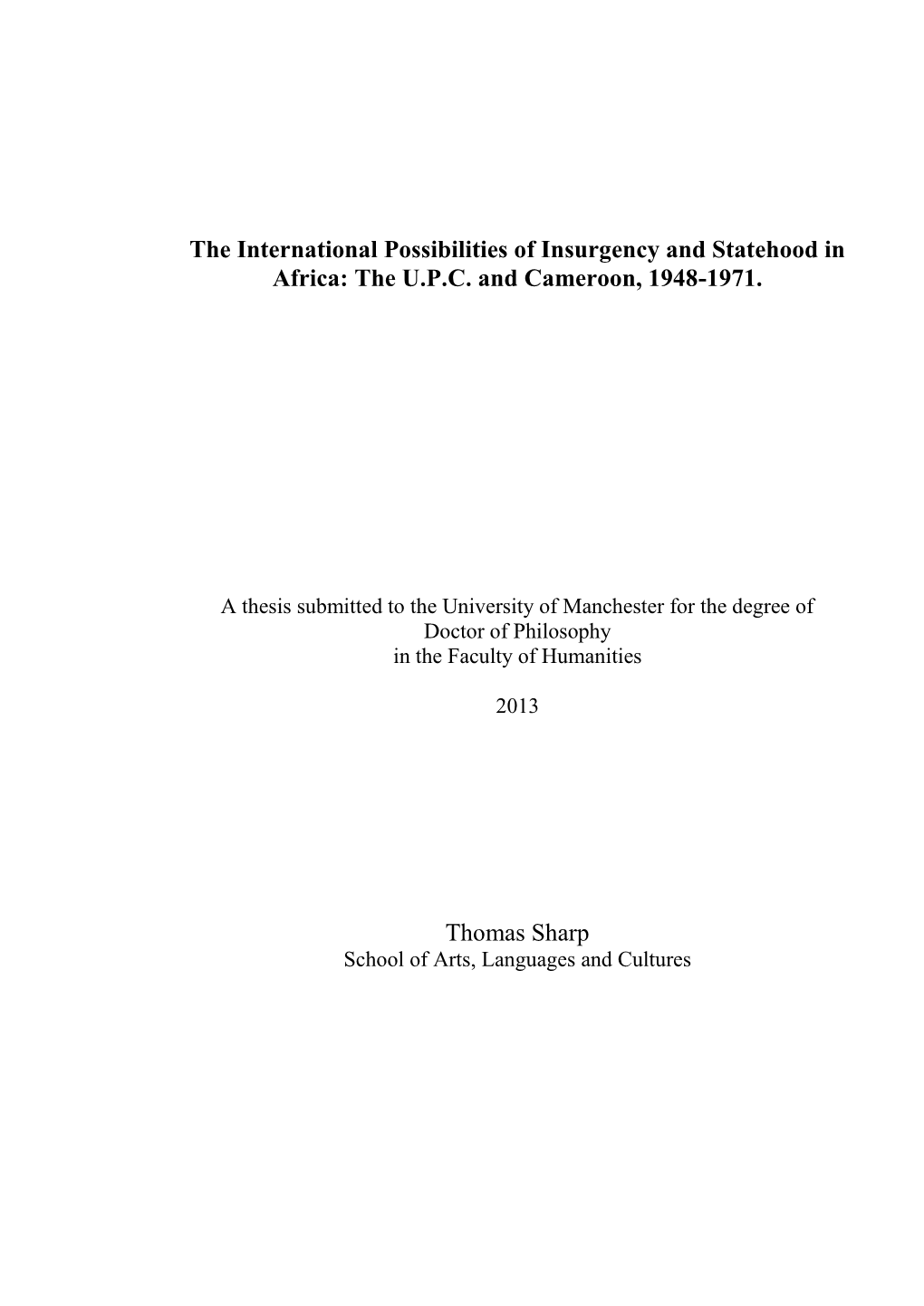 The International Possibilities of Insurgency and Statehood in Africa: the U.P.C
