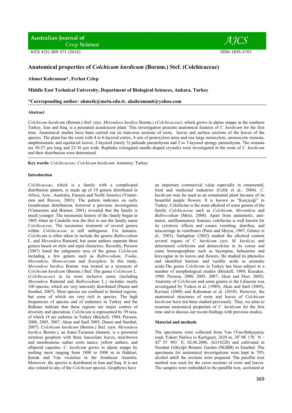 Anatomical Properties of Colchicum Kurdicum (Bornm.) Stef