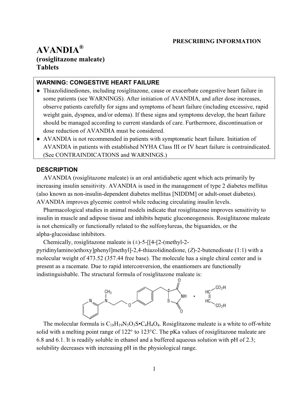 AVANDIA® (Rosiglitazone Maleate) Tablets