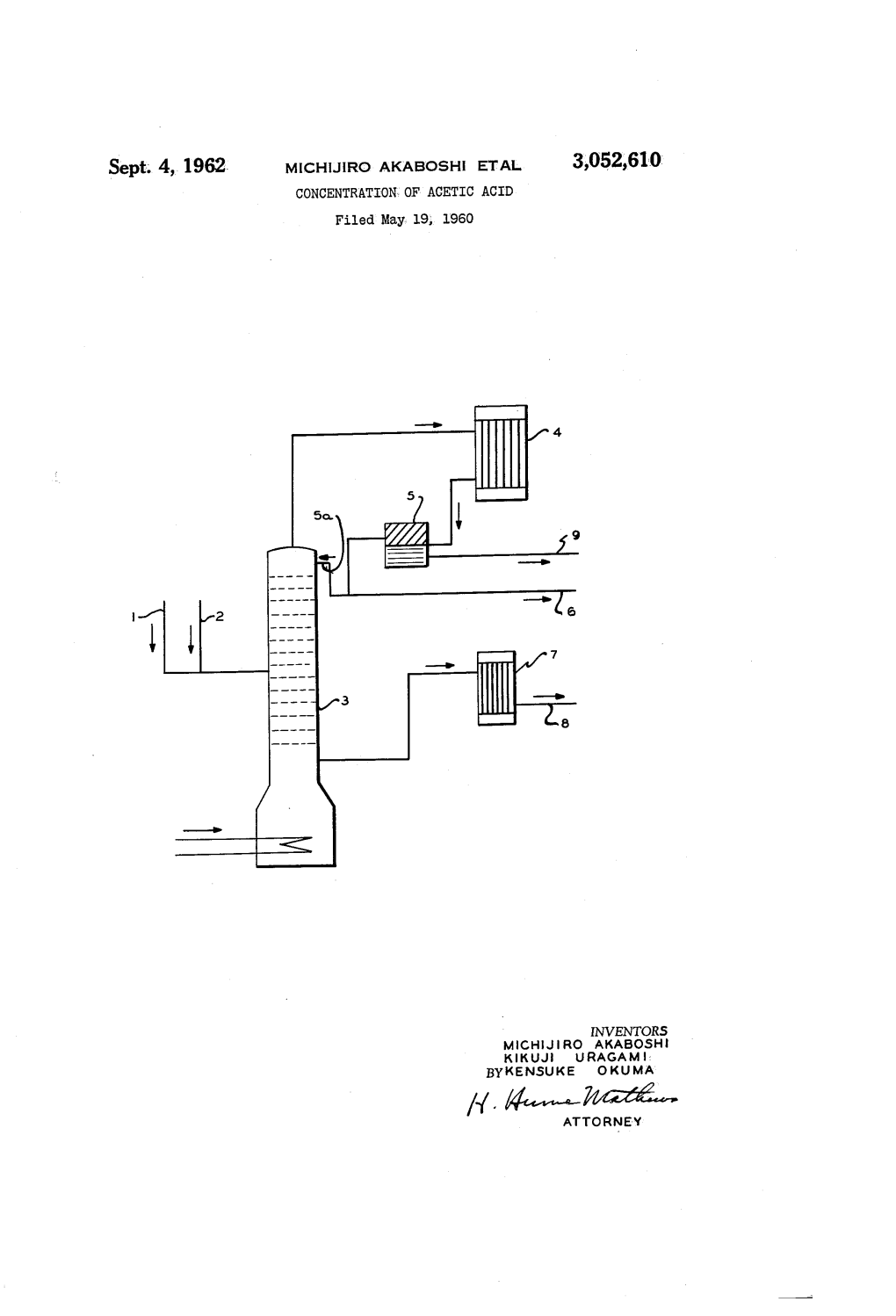 Sept. 4, 1962. MICHIJIRO AKABOSH ETAL 3,052,610 CONCENTRATION of ACETIC ACID Filed May 19, 1960