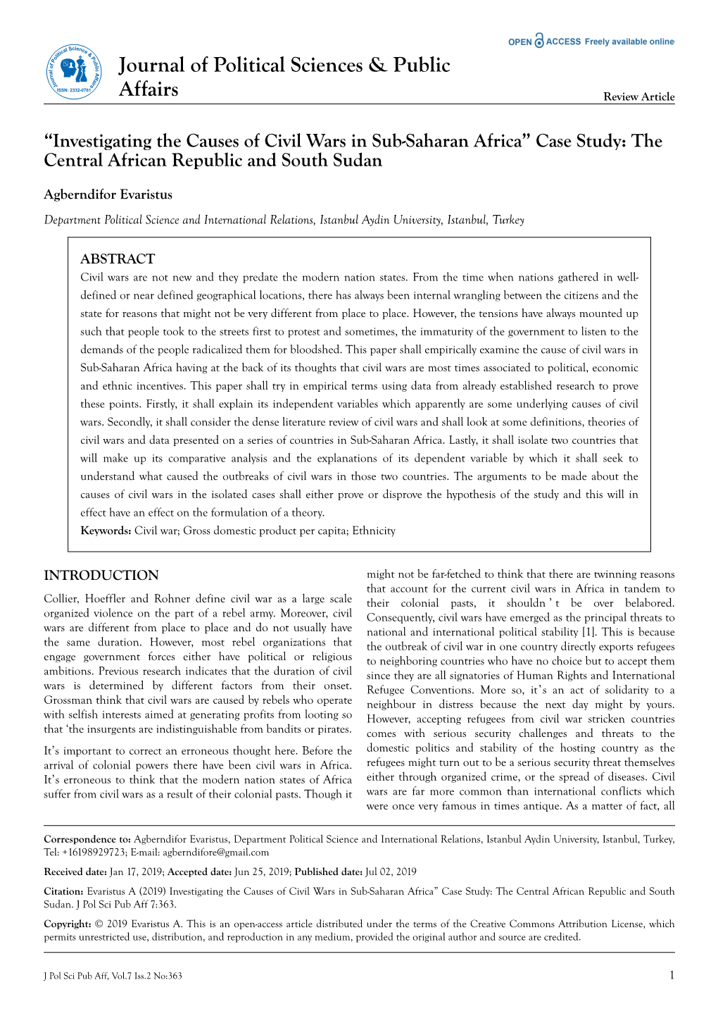 “Investigating the Causes of Civil Wars in Sub-Saharan Africa” Case Study: the Central African Republic and South Sudan