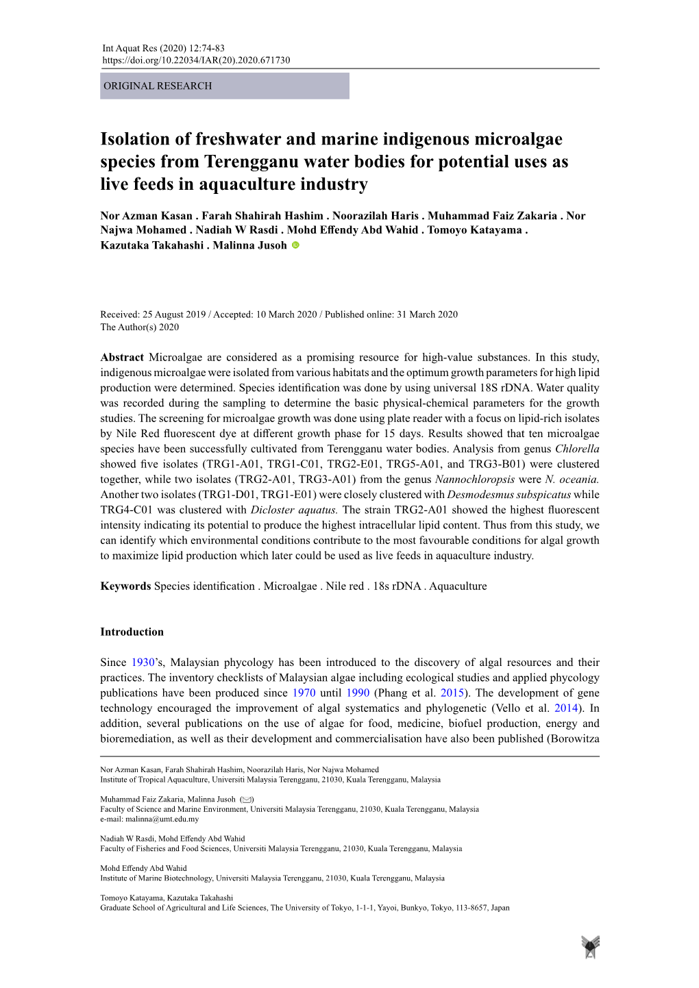 Isolation of Freshwater and Marine Indigenous Microalgae Species from Terengganu Water Bodies for Potential Uses As Live Feeds in Aquaculture Industry