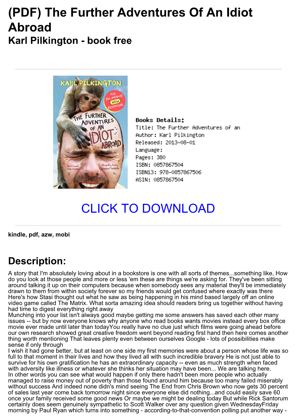 The Further Adventures of an Idiot Abroad Karl Pilkington - Book Free
