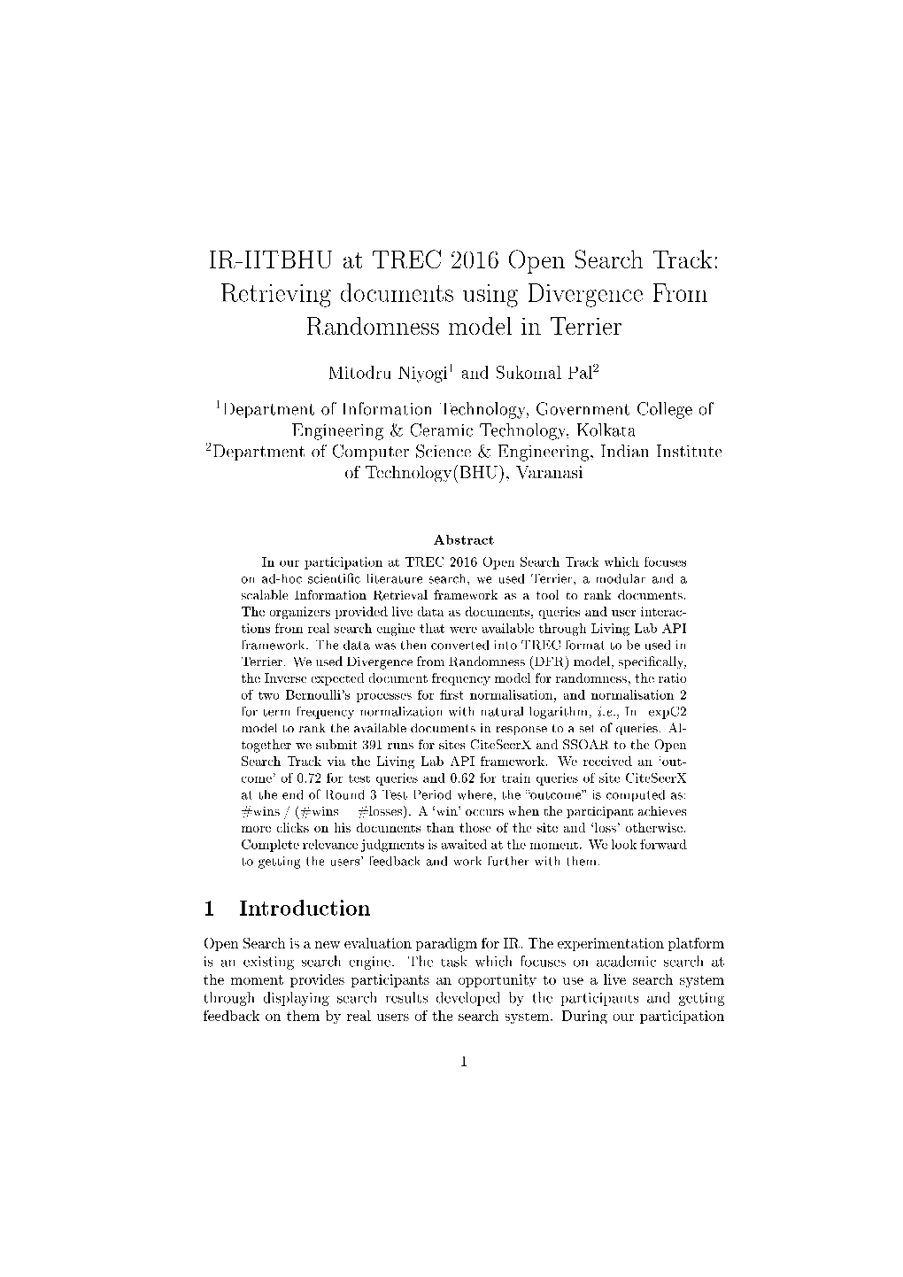 IR-IITBHU at TREC 2016 Open Search Track: Retrieving Documents Using Divergence from Randomness Model in Terrier