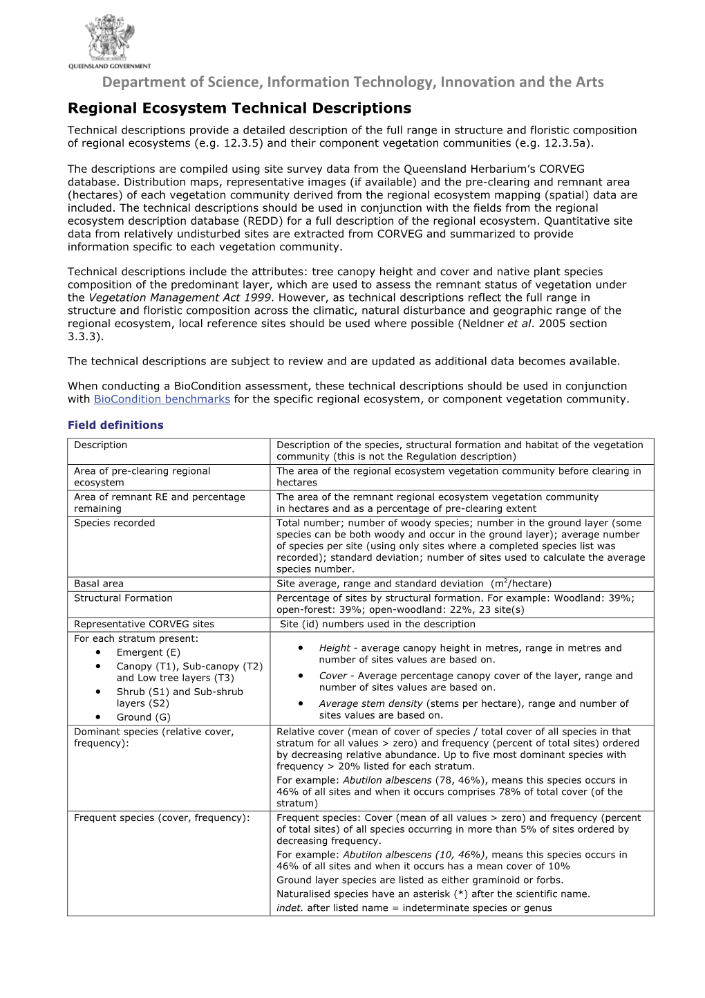 Regional Ecosystem Technical Descriptions