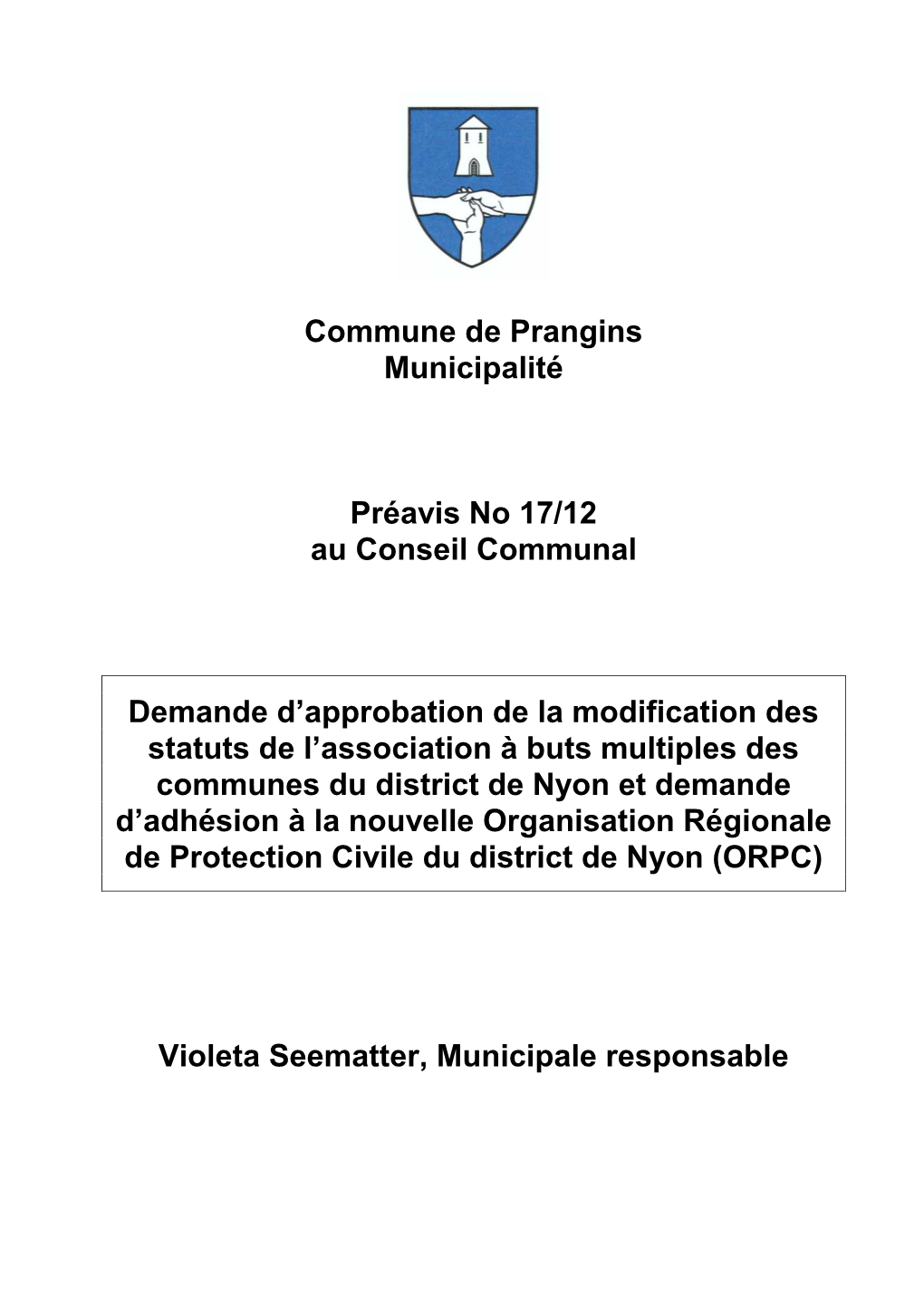 Commune De Prangins Municipalité Préavis No 17/12 Au Conseil