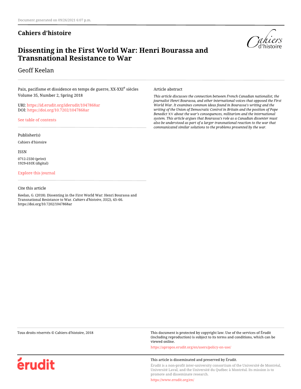 Dissenting in the First World War: Henri Bourassa and Transnational Resistance to War Geoff Keelan