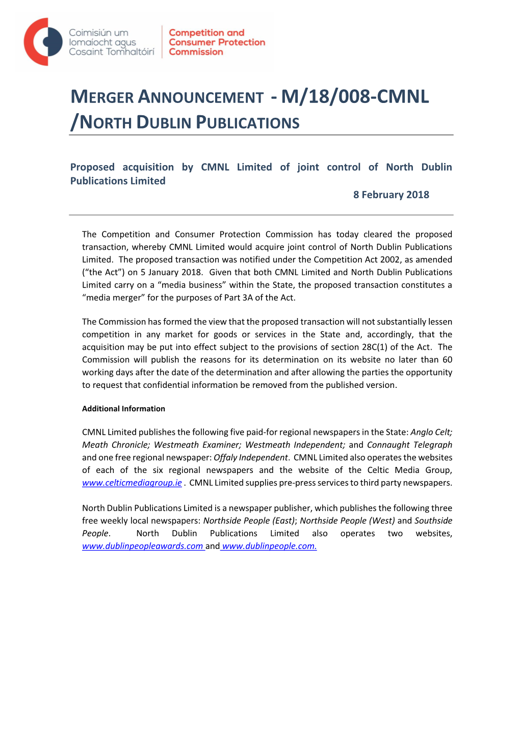 Merger Announcement -M/18/008-Cmnl /North Dublin Publications