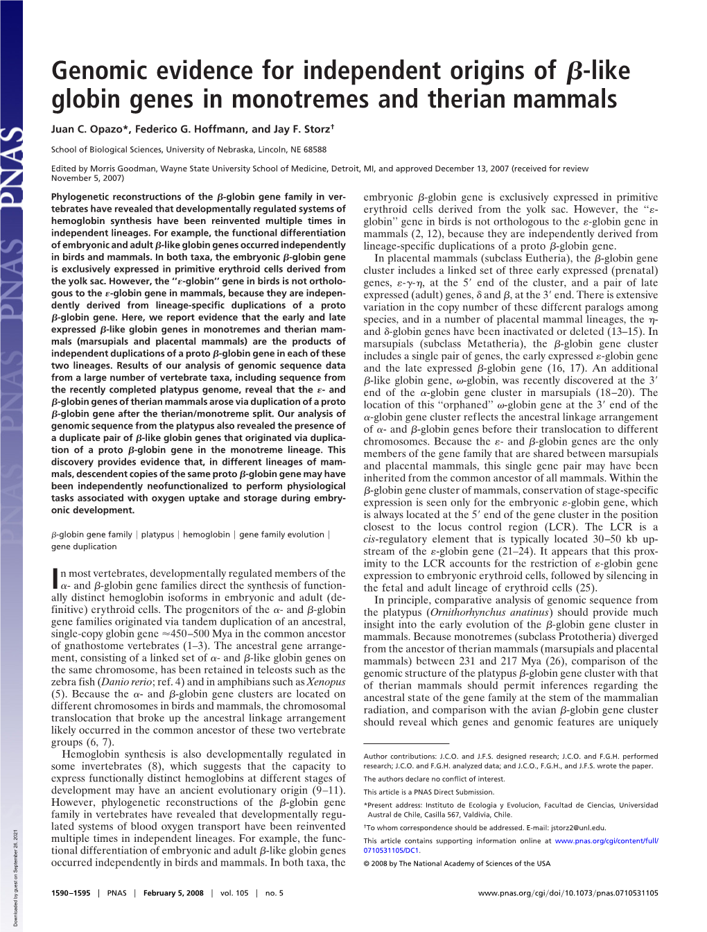 Like Globin Genes in Monotremes and Therian Mammals