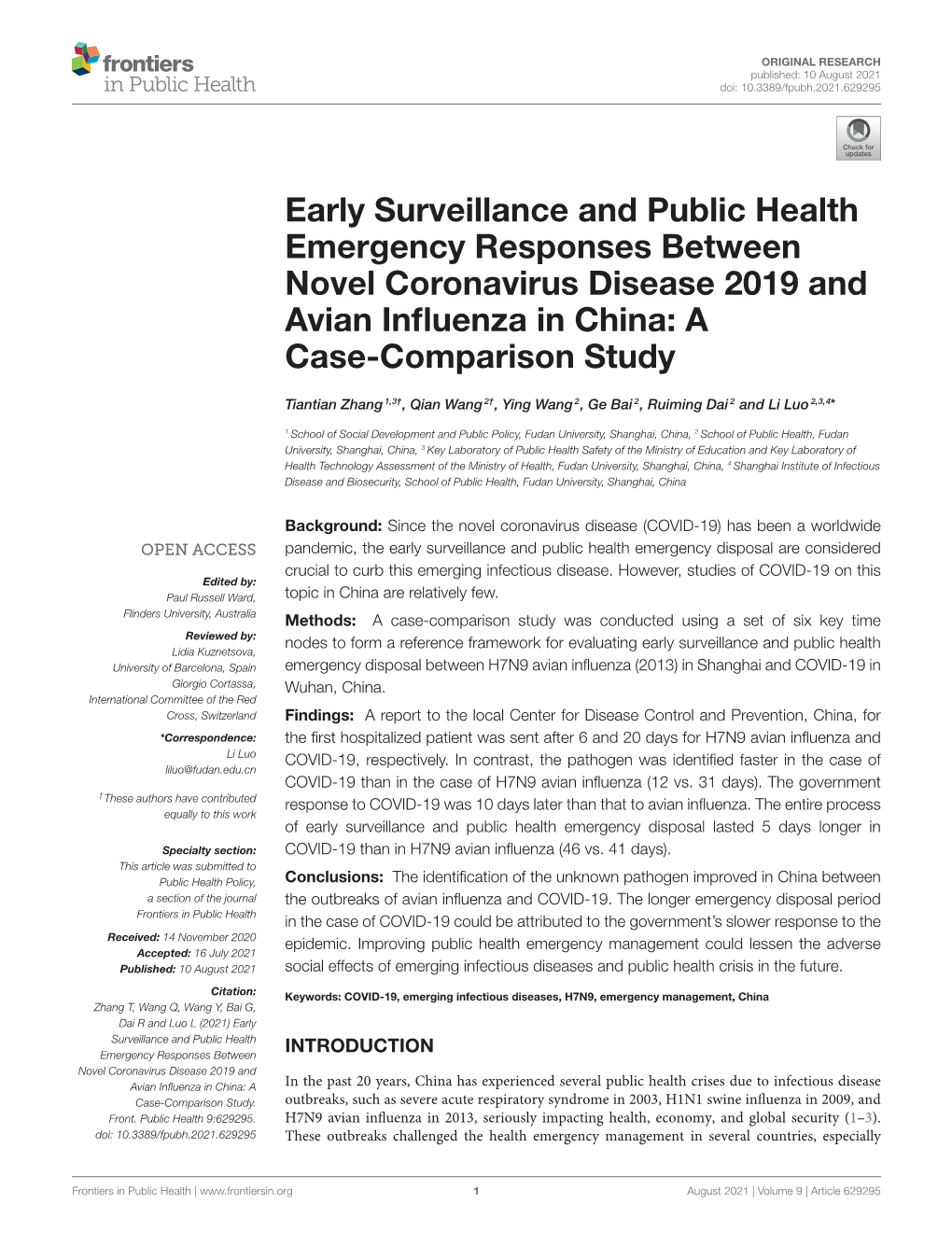 Early Surveillance and Public Health Emergency Responses Between Novel Coronavirus Disease 2019 and Avian Inﬂuenza in China: a Case-Comparison Study