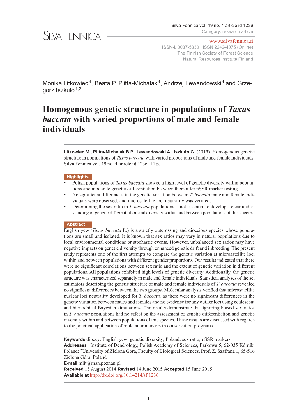 Homogenous Genetic Structure in Populations of Taxus Baccata with Varied Proportions of Male and Female Individuals