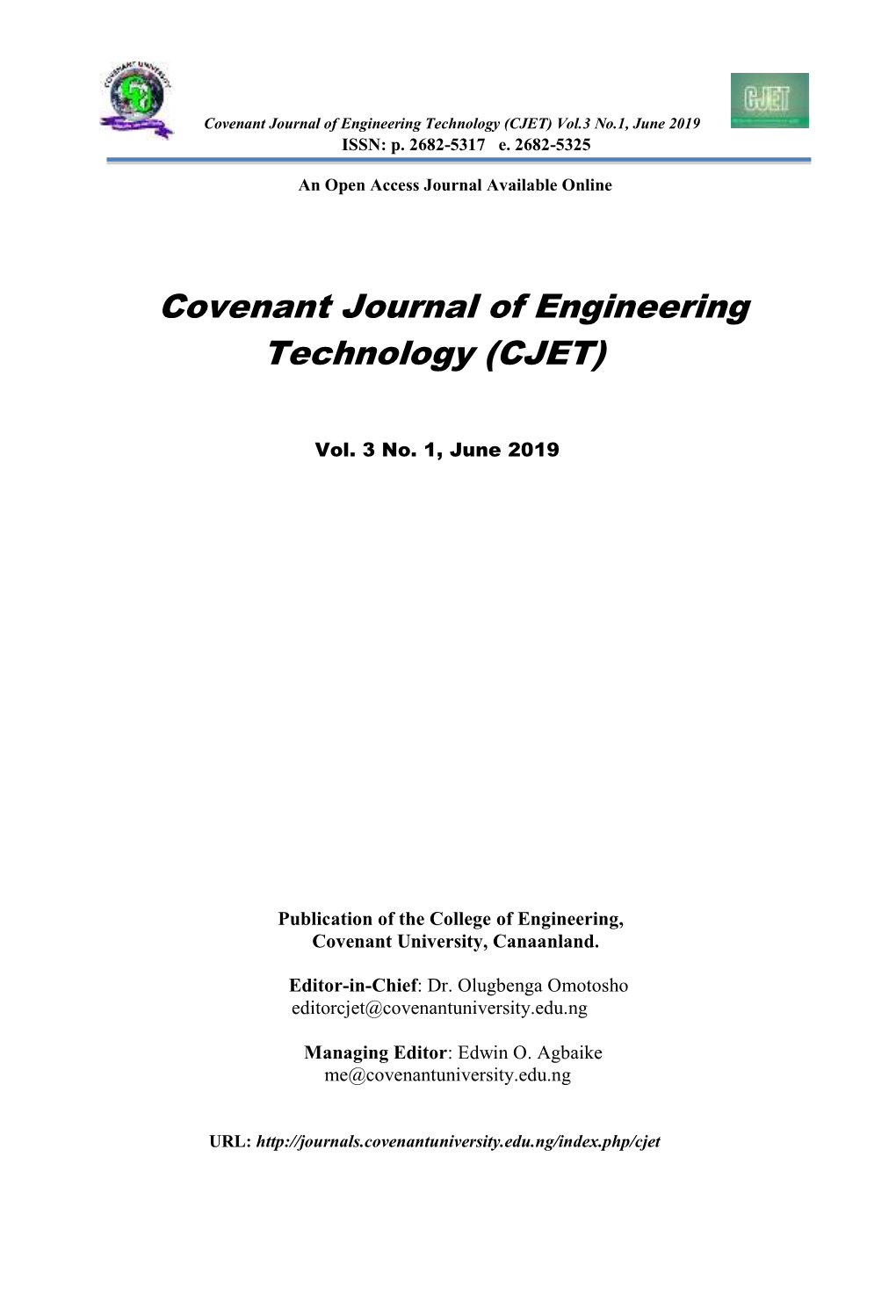 Covenant Journal of Engineering Technology (CJET) Vol.3 No.1, June 2019