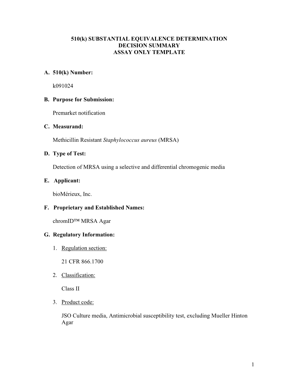 Substantial Equivalence Determination Decision Summary Assay Only Template