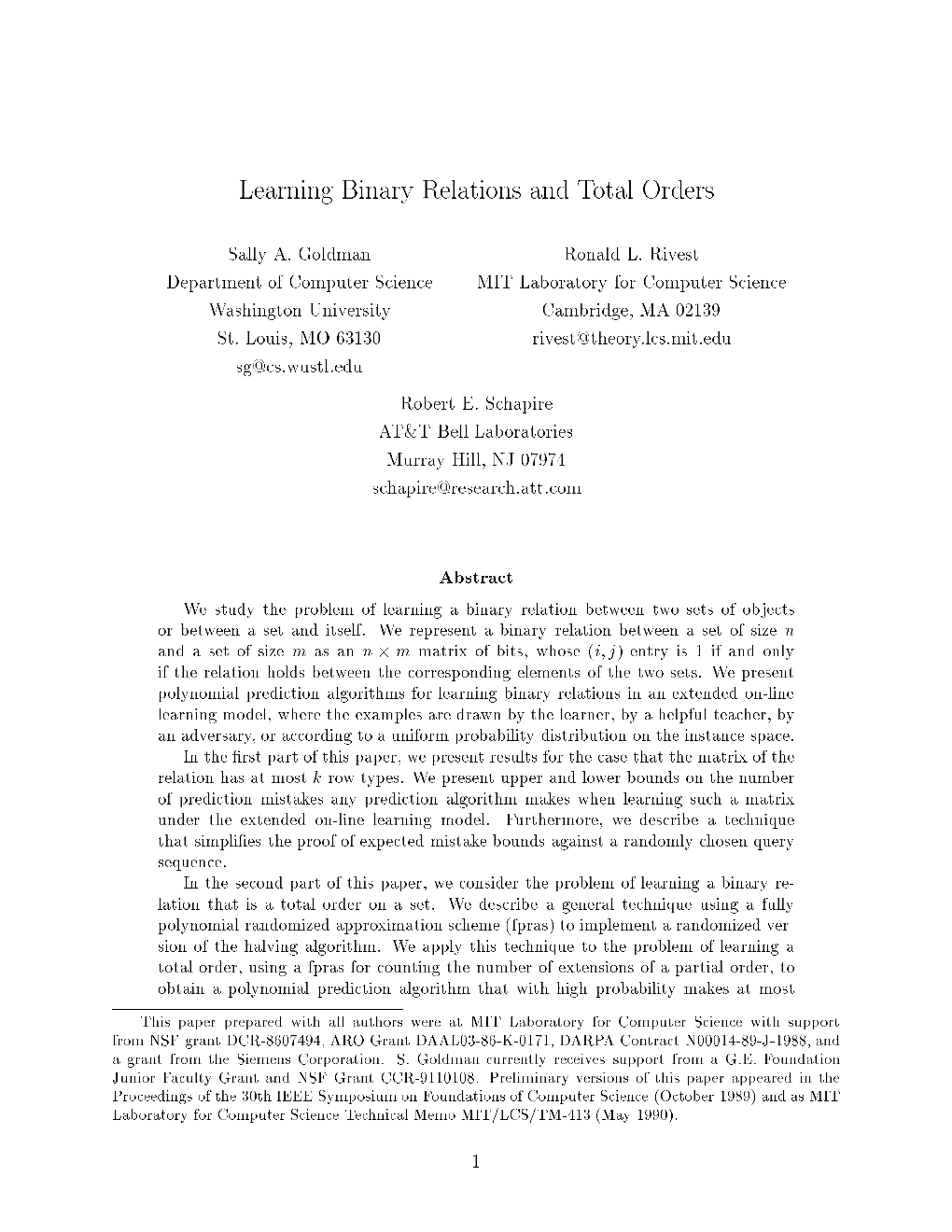 Learning Binary Relations and Total Orders