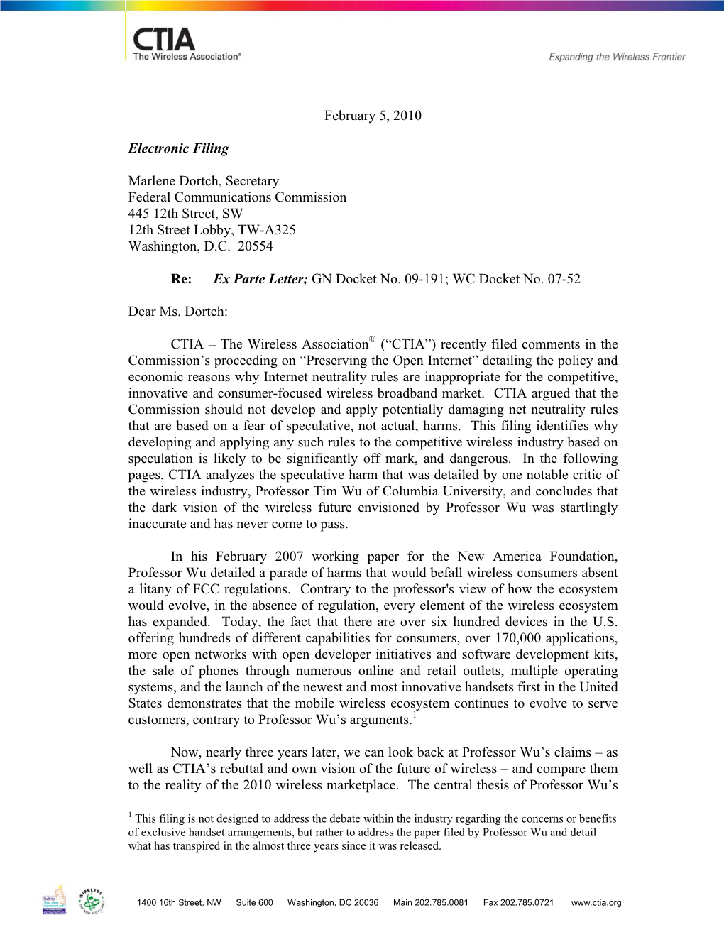 February 5, 2010 Electronic Filing Marlene Dortch, Secretary Federal