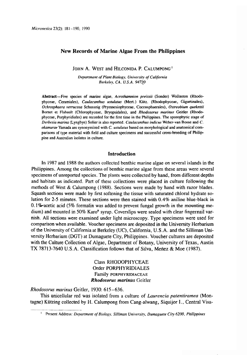 New Records of Marine Algae from the Philippines