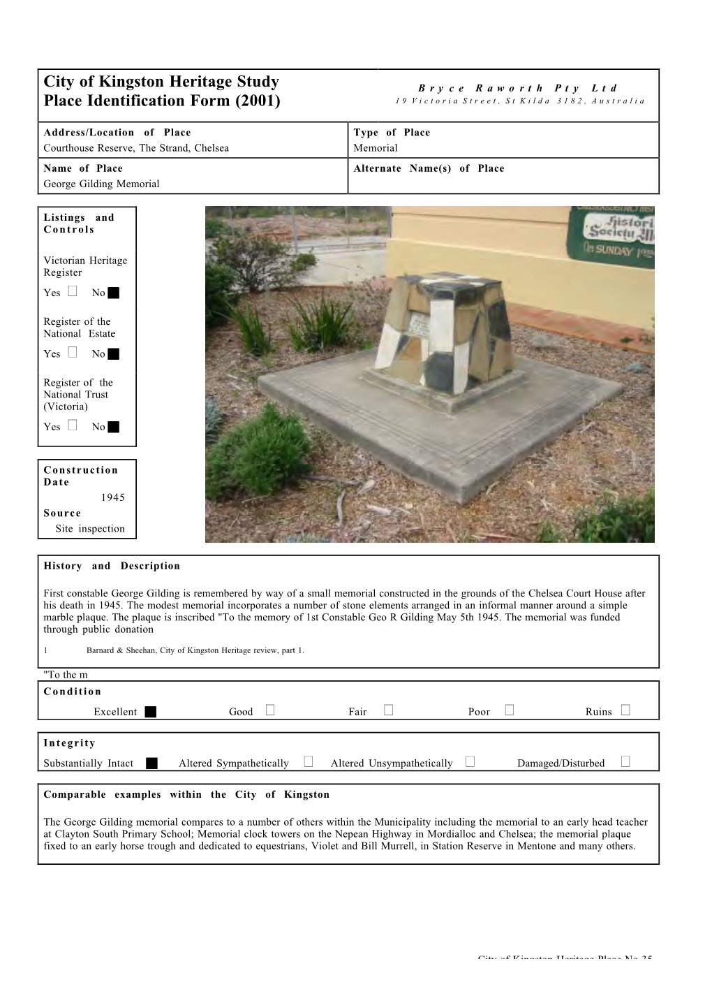 City of Kingston Heritage Study Place Identification Form (2001)
