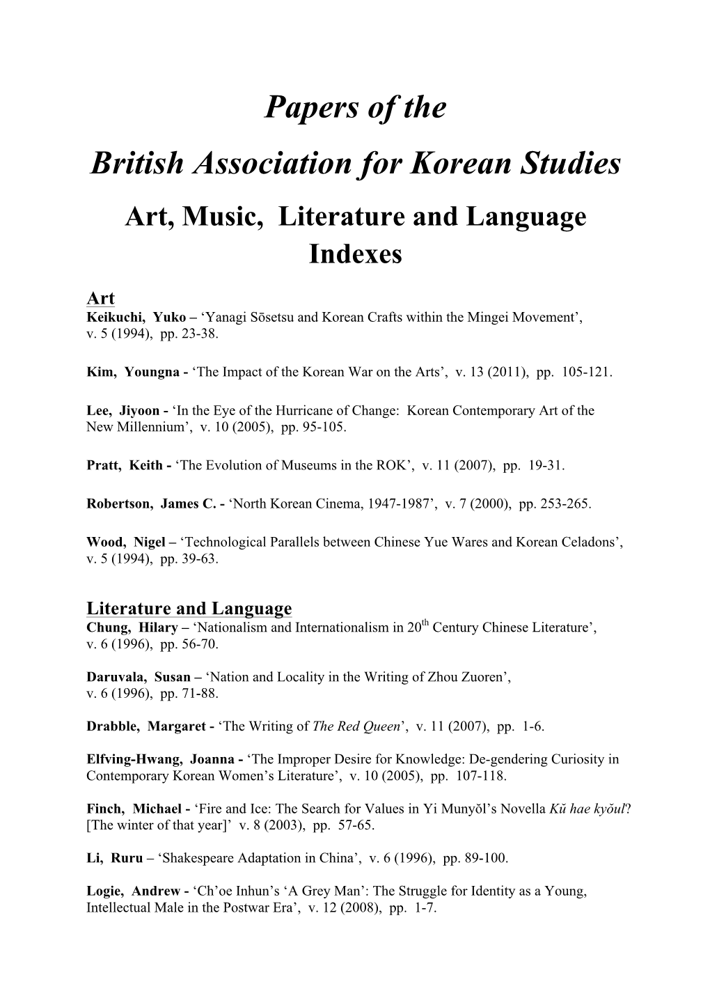 BAKS Papers Index: Art, Music, Literature and Language