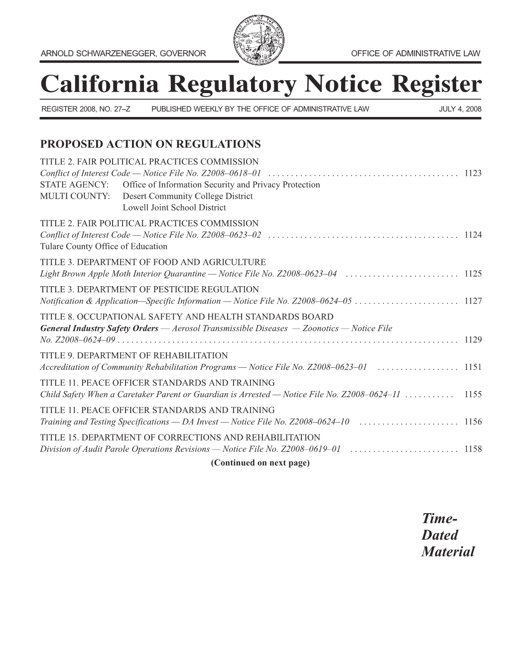 California Regulatory Notice Register 2008, Volume No. 26-Z