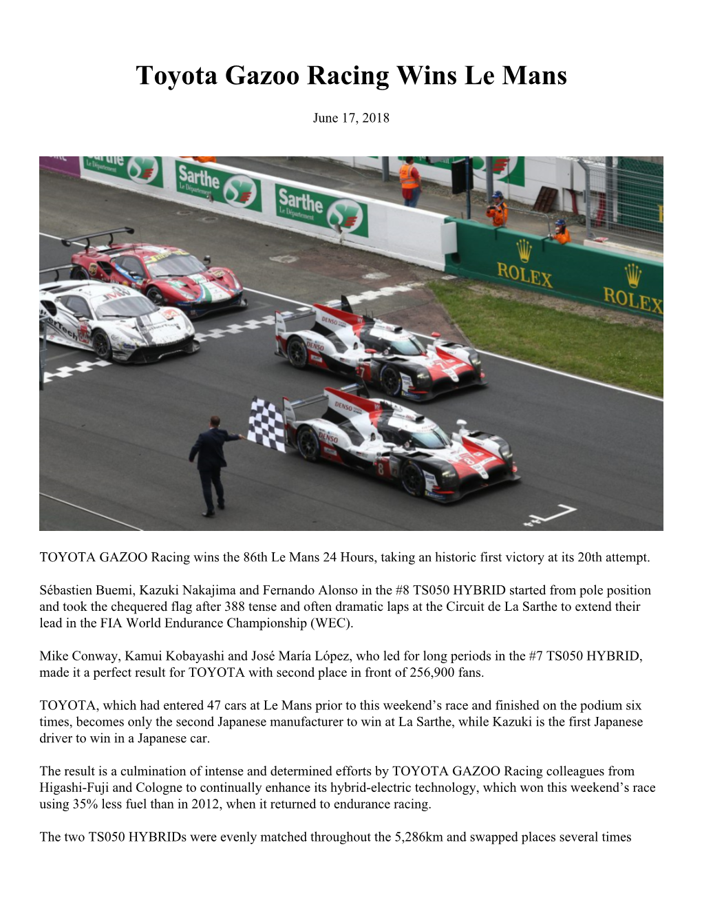 Toyota Gazoo Racing Wins Le Mans