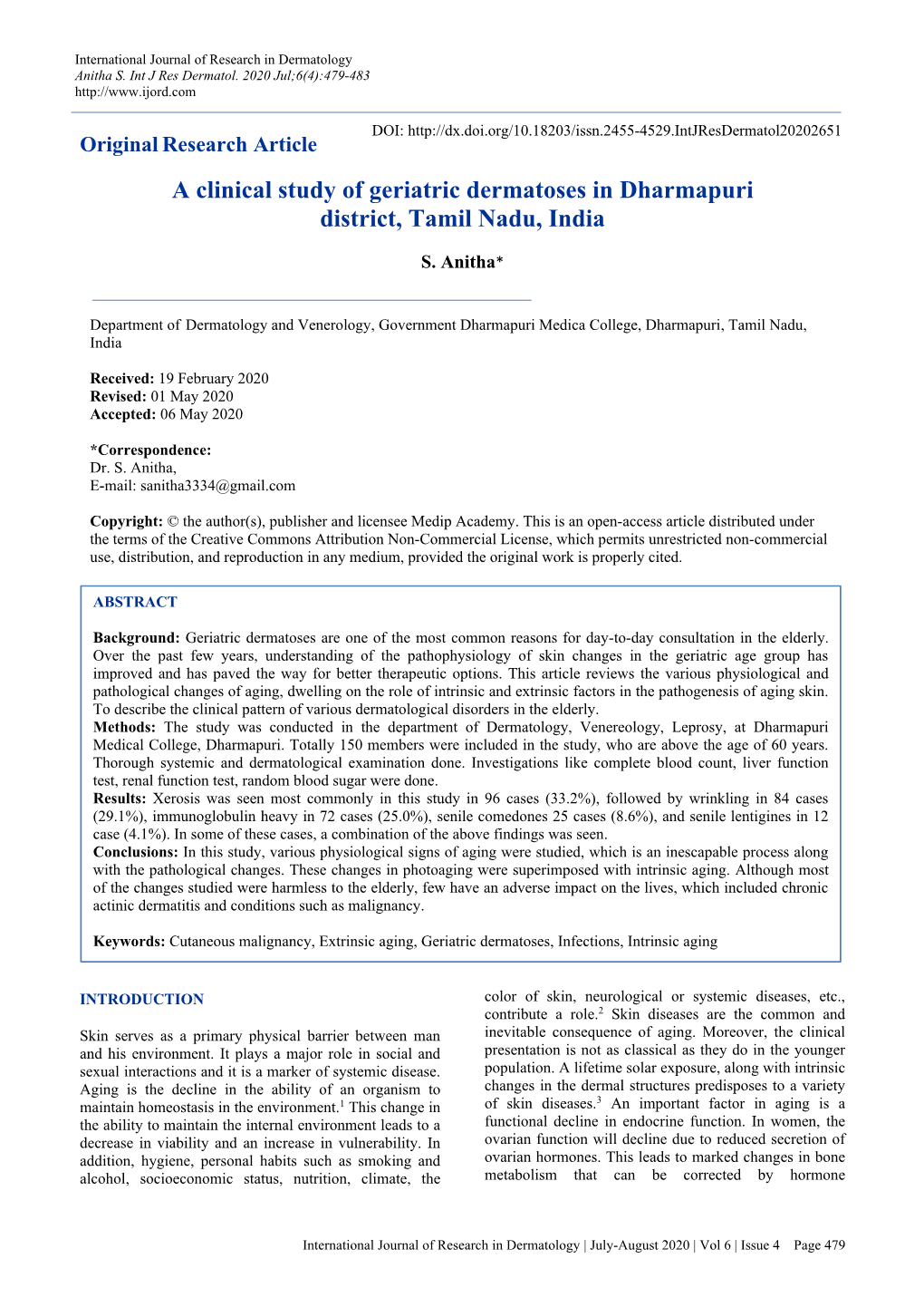 A Clinical Study of Geriatric Dermatoses in Dharmapuri District, Tamil Nadu, India