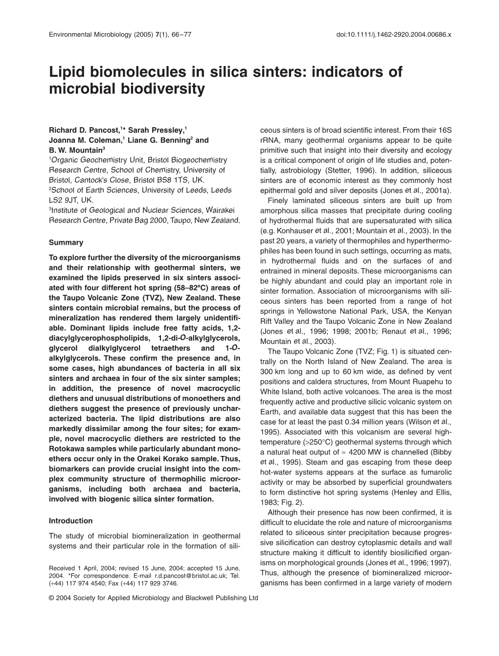 Lipid Biomolecules in Silica Sinters: Indicators of Microbial Biodiversity