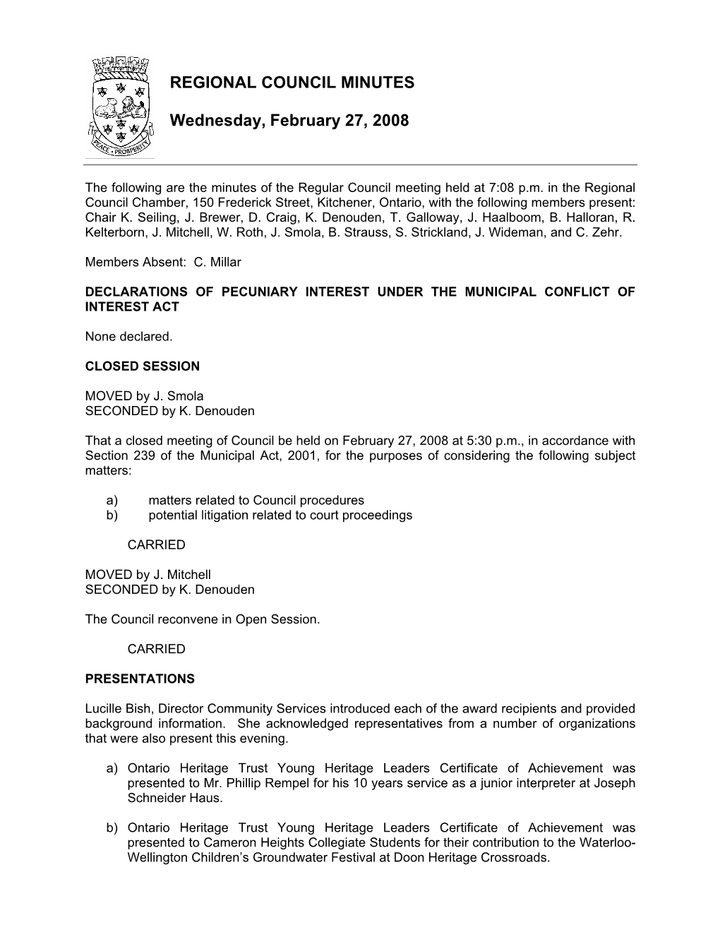 REGIONAL COUNCIL MINUTES Wednesday, February 27, 2008