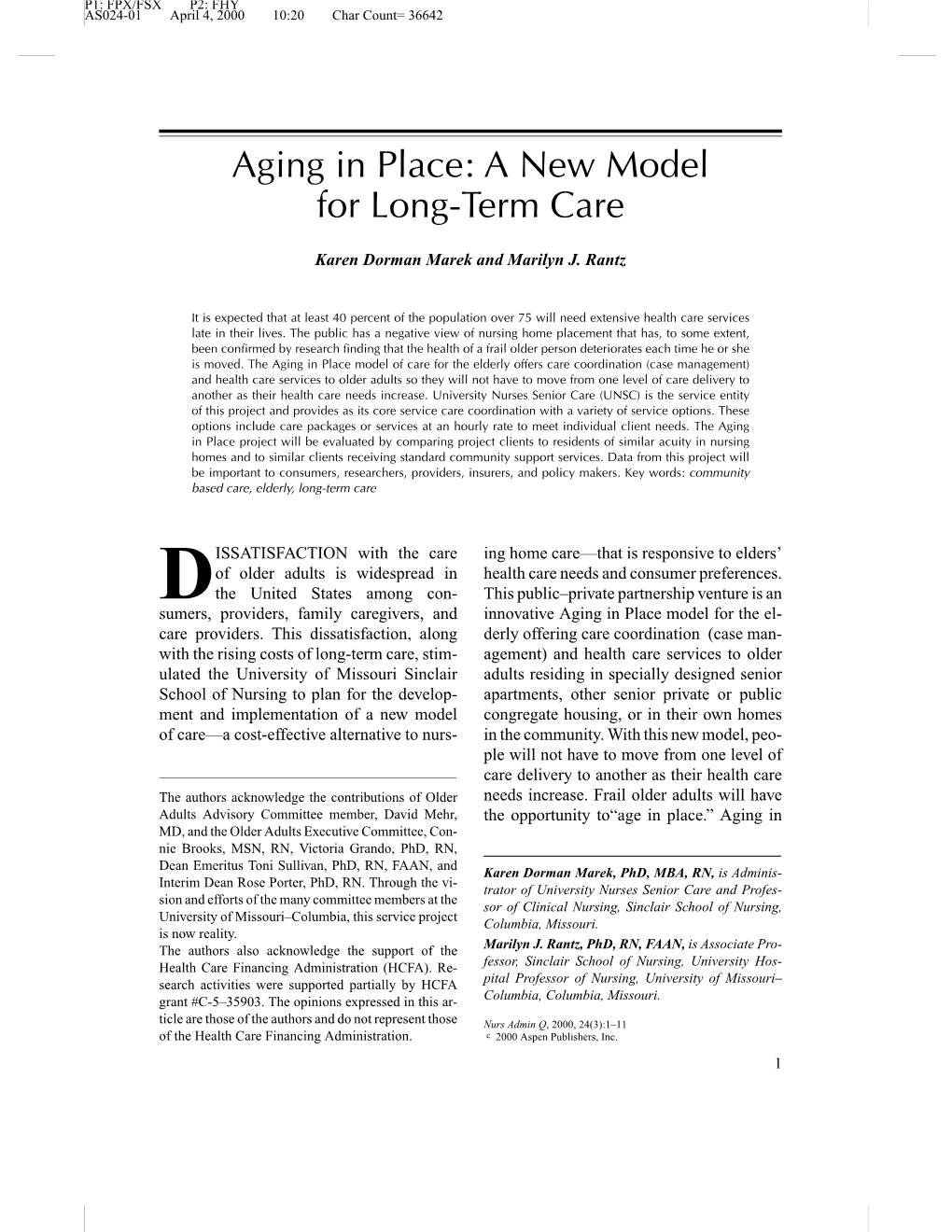 Aging in Place: a New Model for Long-Term Care