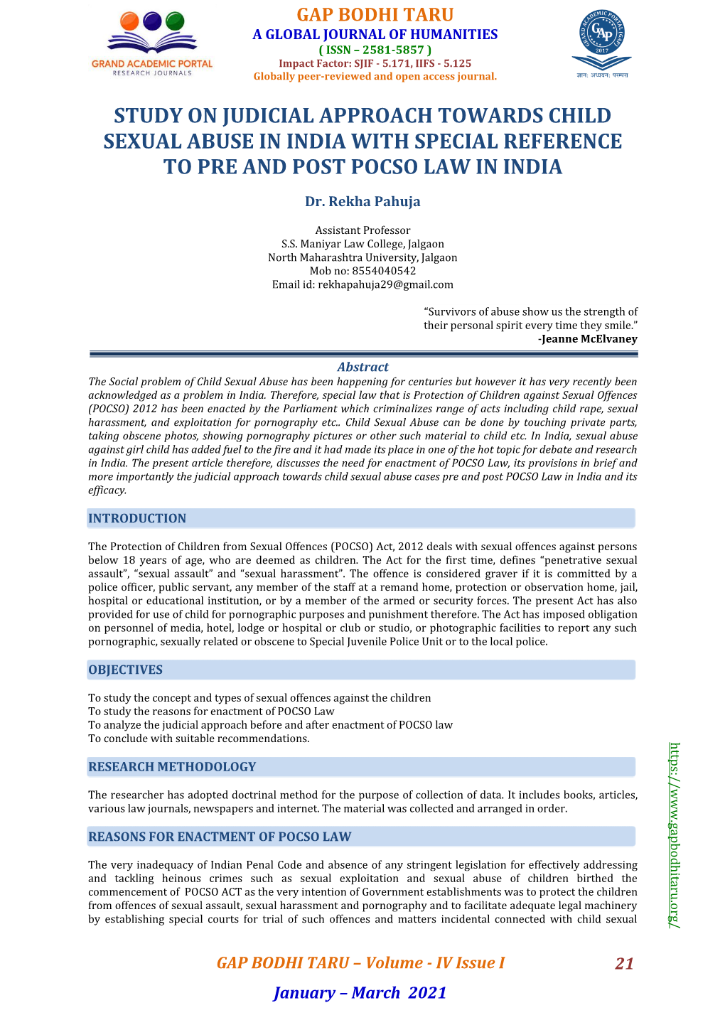 Study on Judicial Approach Towards Child Sexual Abuse in India with Special Reference to Pre and Post Pocso Law in India