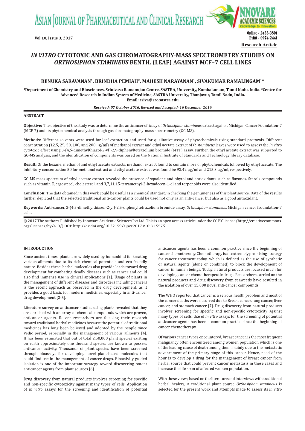 In Vitro Cytotoxic and Gas Chromatography-Mass Spectrometry Studies on Orthosiphon Stamineus Benth